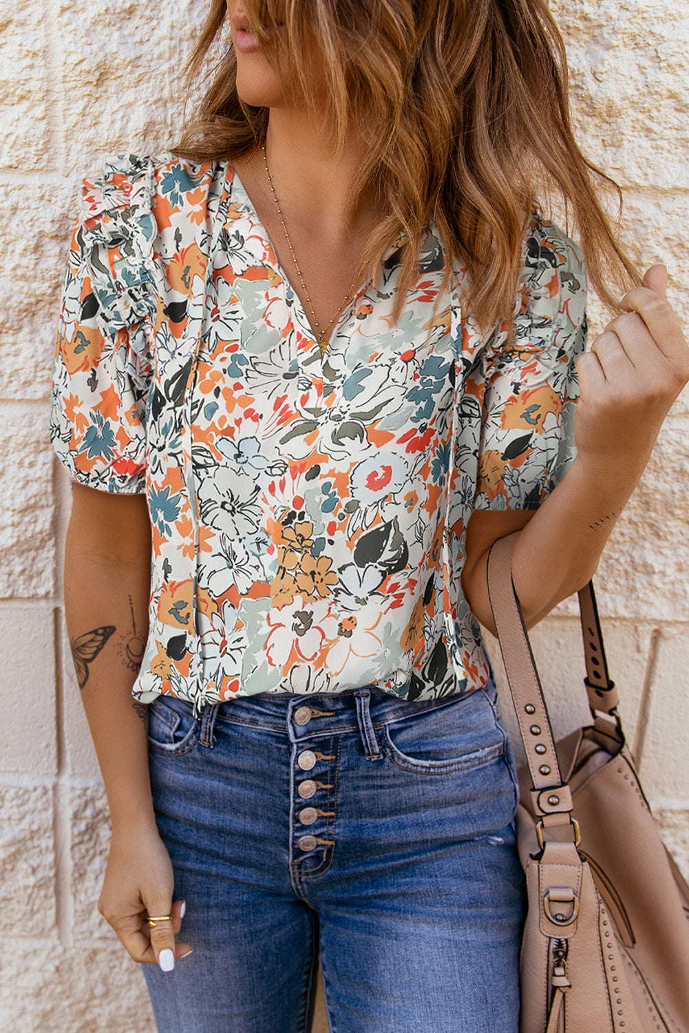 Floral Tie Neck Shoulder Detail Blouse nicholesgifts