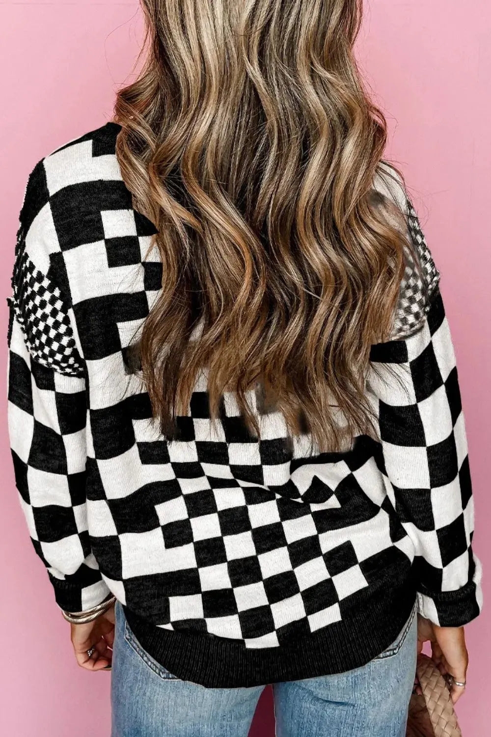 Women Checkered Round Neck Long Sleeve Sweater