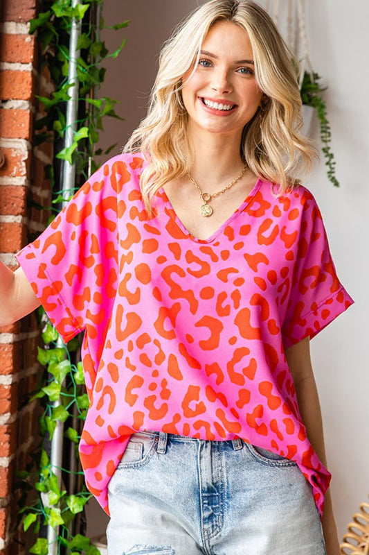 Women First Love Pink Leopard V-Neck Short Sleeve Woven Top - Nicholesgifts.online