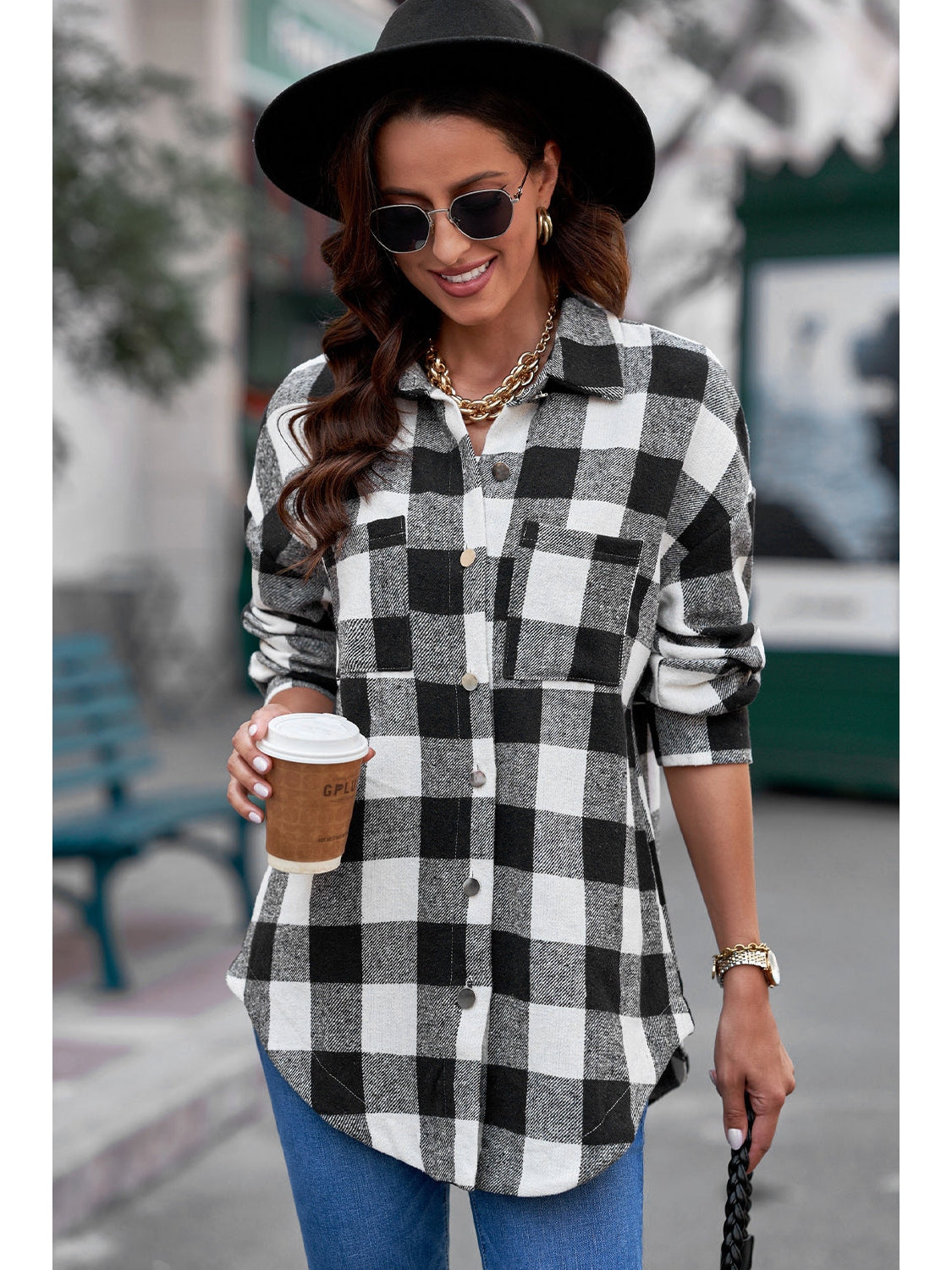 Plaid Curved Hem Dropped Shoulder Longline Shirt Jacket nicholesgifts