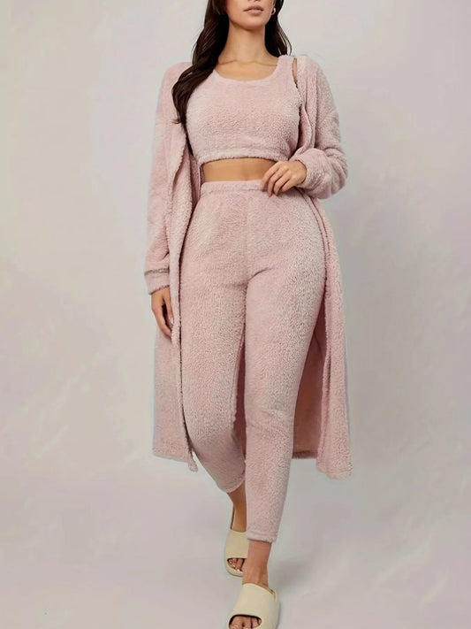 Fuzzy Tank Long Sleeve Cardigan and Pants 3-Piece Lounge Set Trendsi