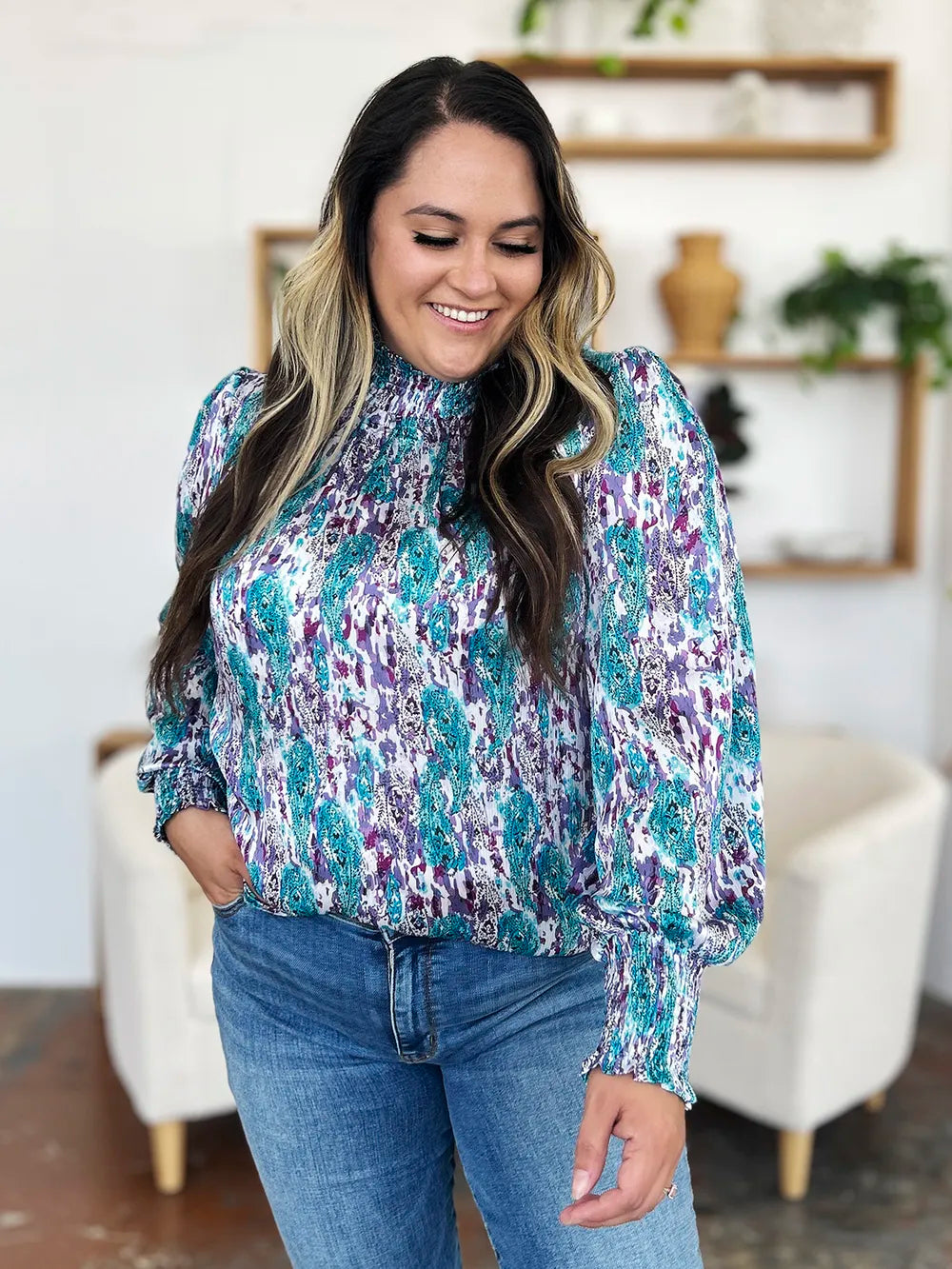 Double Take Full Size Printed Smocked Long Sleeve Blouse nicholesgifts