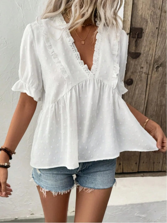 Swiss Dot Ruffled V-Neck Blouse with Flounce Sleeves NicholesGifts