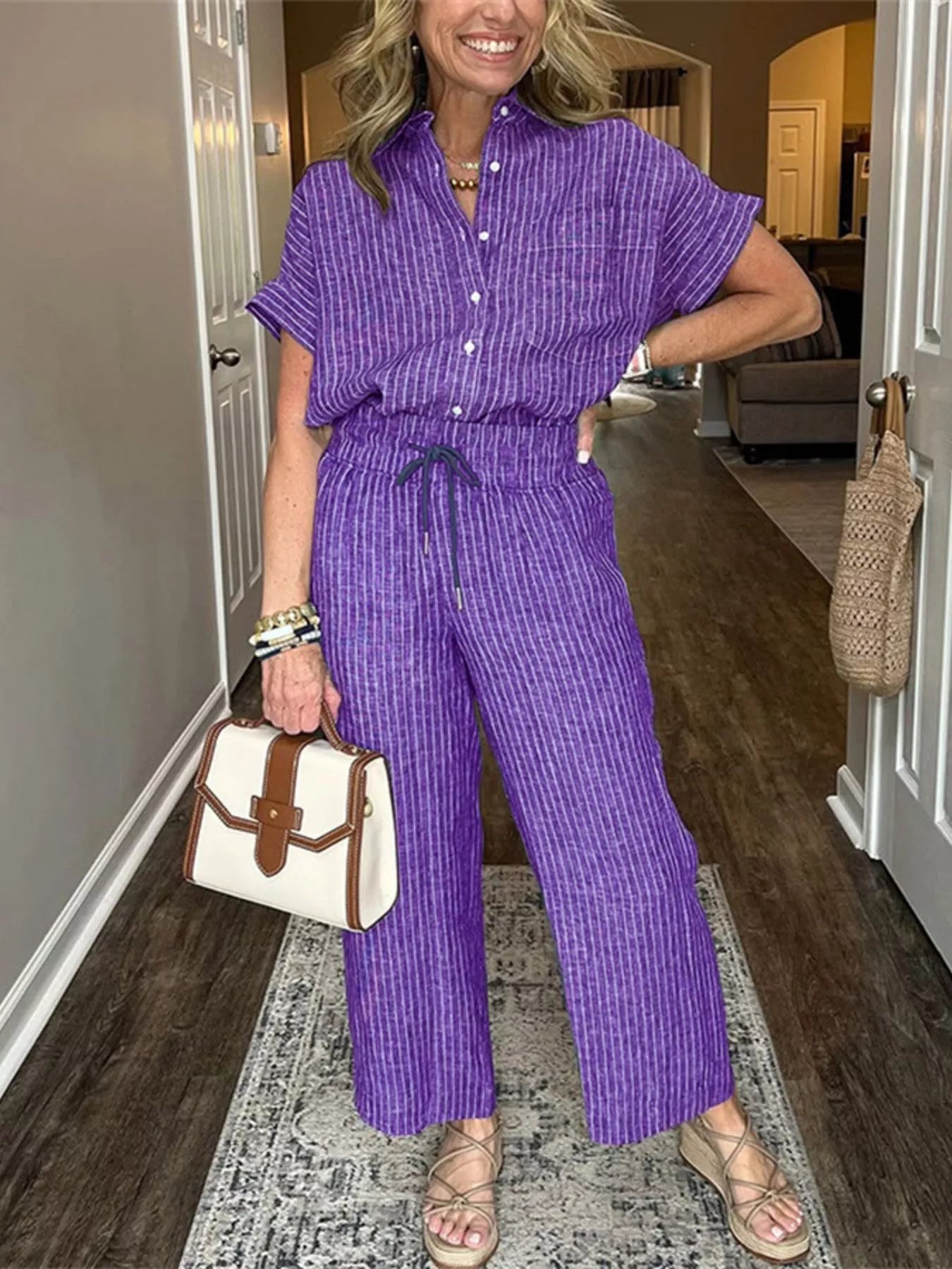Full Size Striped Button-Up Shirt and Wide Leg Pants Casual Set Plus Size Trendsi