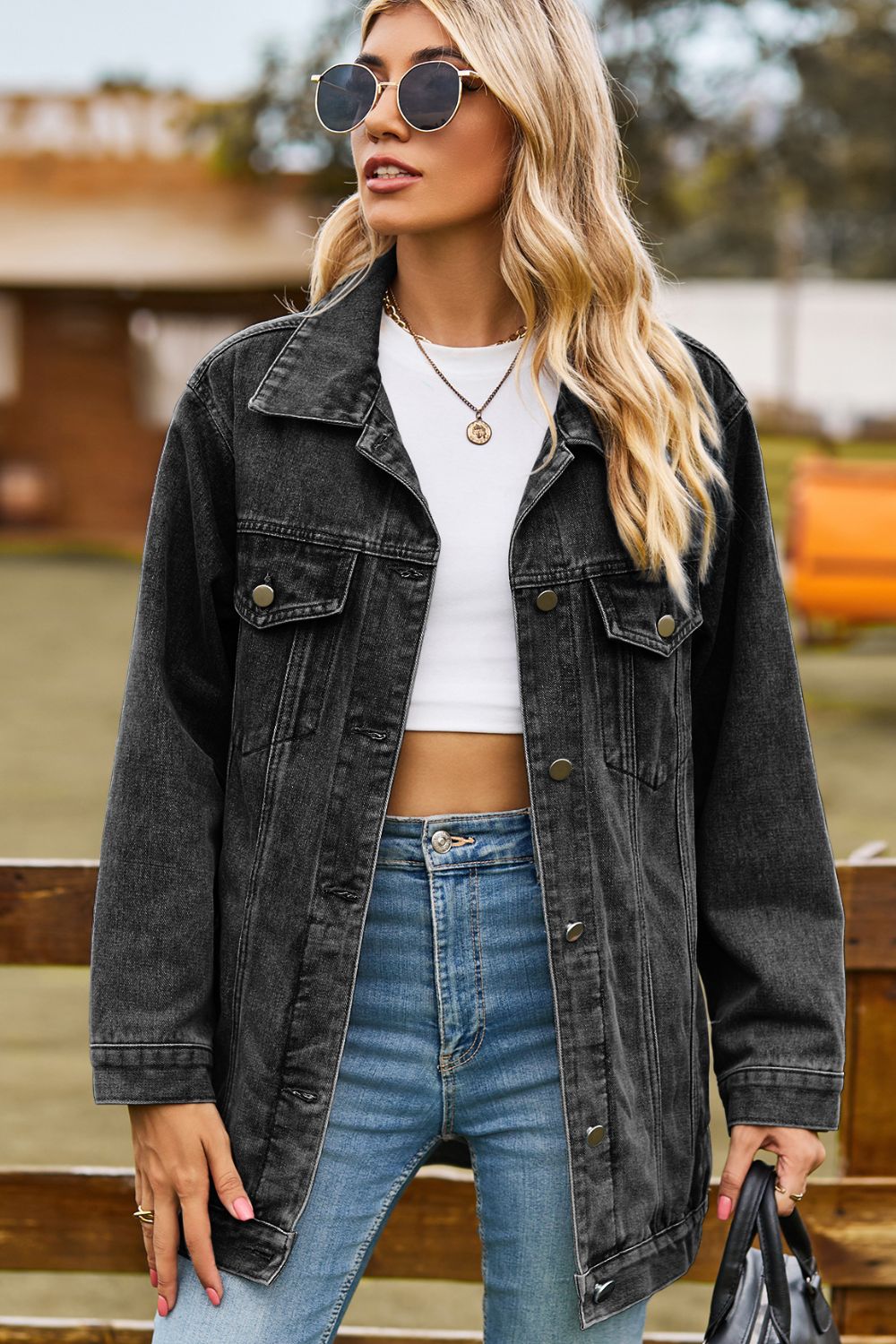 Buttoned Collared Neck Denim Jacket with Pockets Trendsi