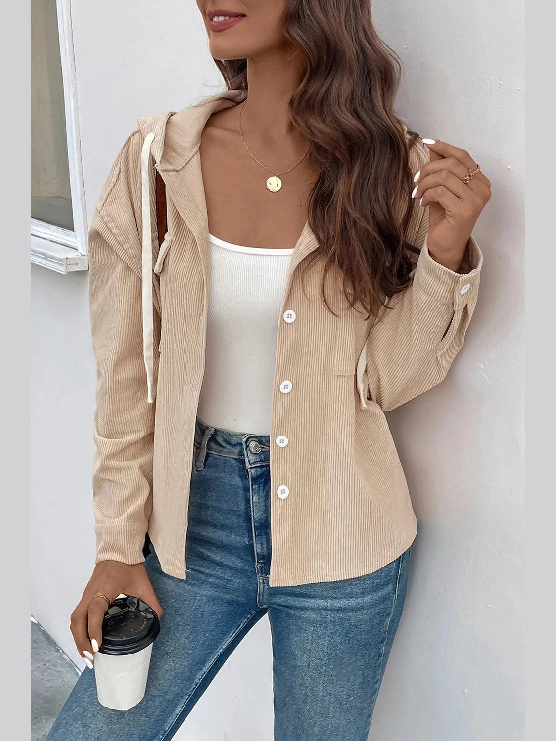 Perfee Ribbed Button Up Drawstring Hooded Jacket nicholesgifts