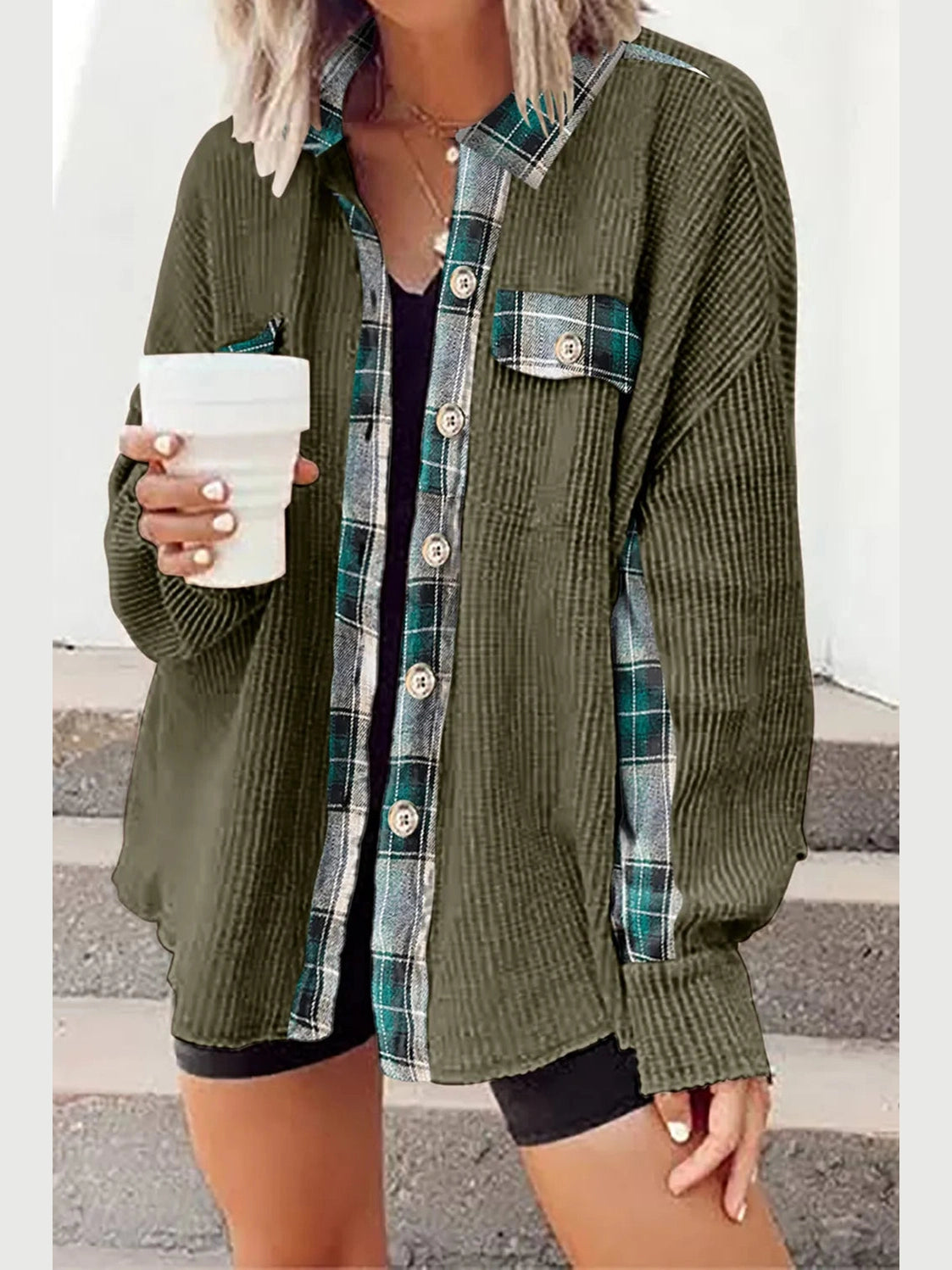 Plaid Button Down Collared Jacket nicholesgifts