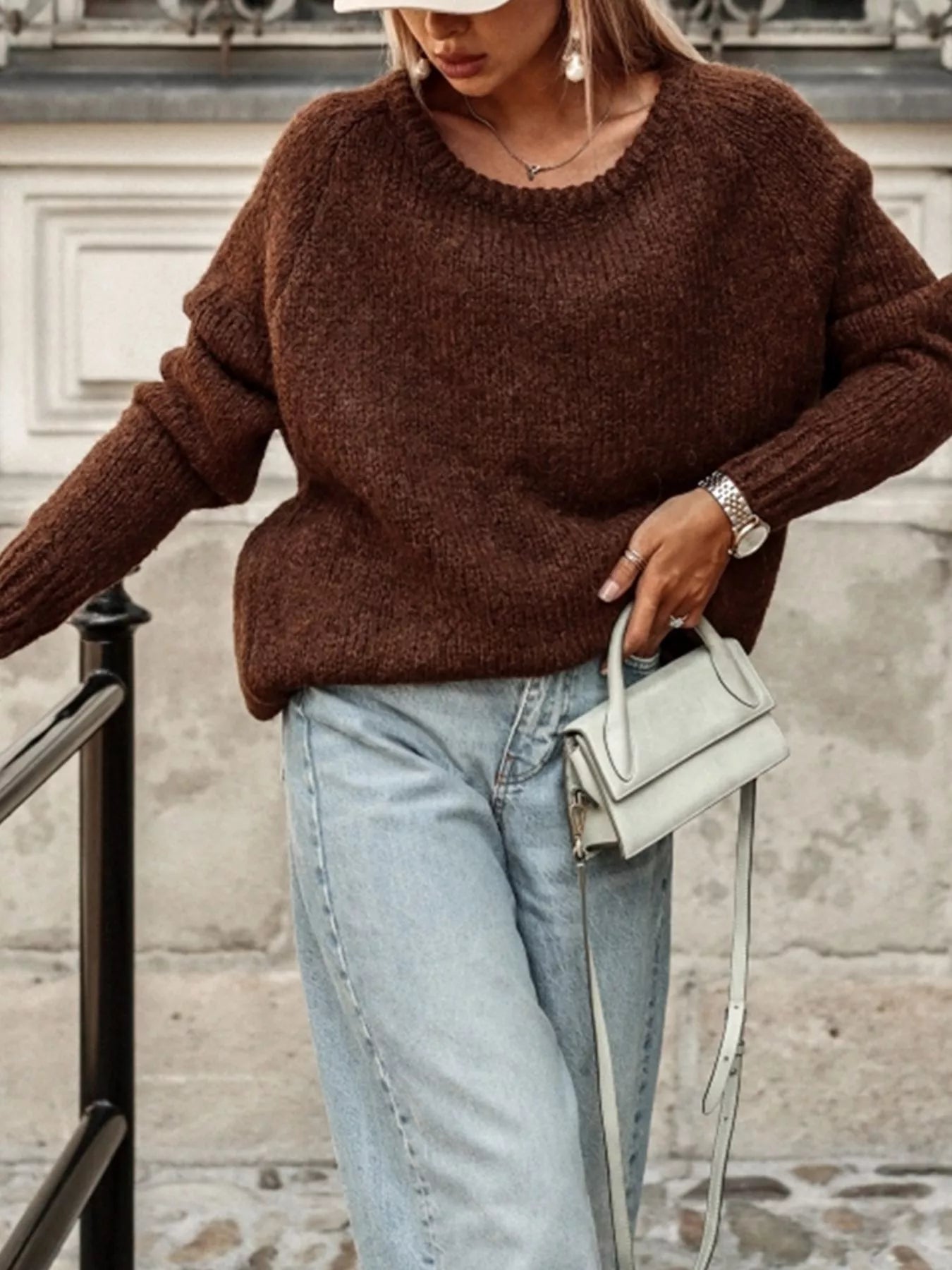 Women Round Neck Drop Shoulder Sweater