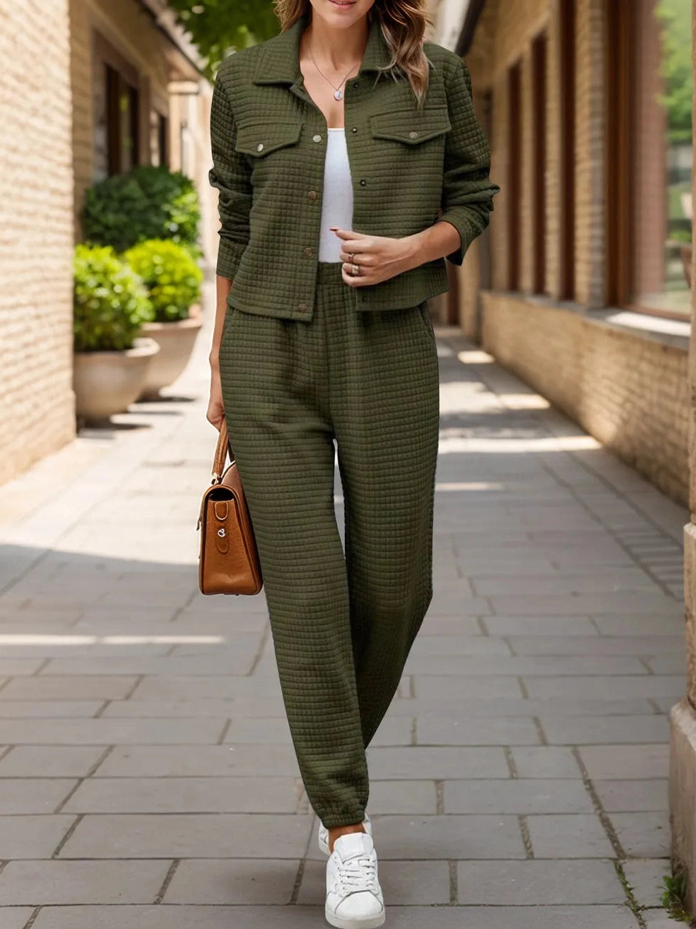 Plaid Texture Snap Down Top and Pants Set nicholesgifts
