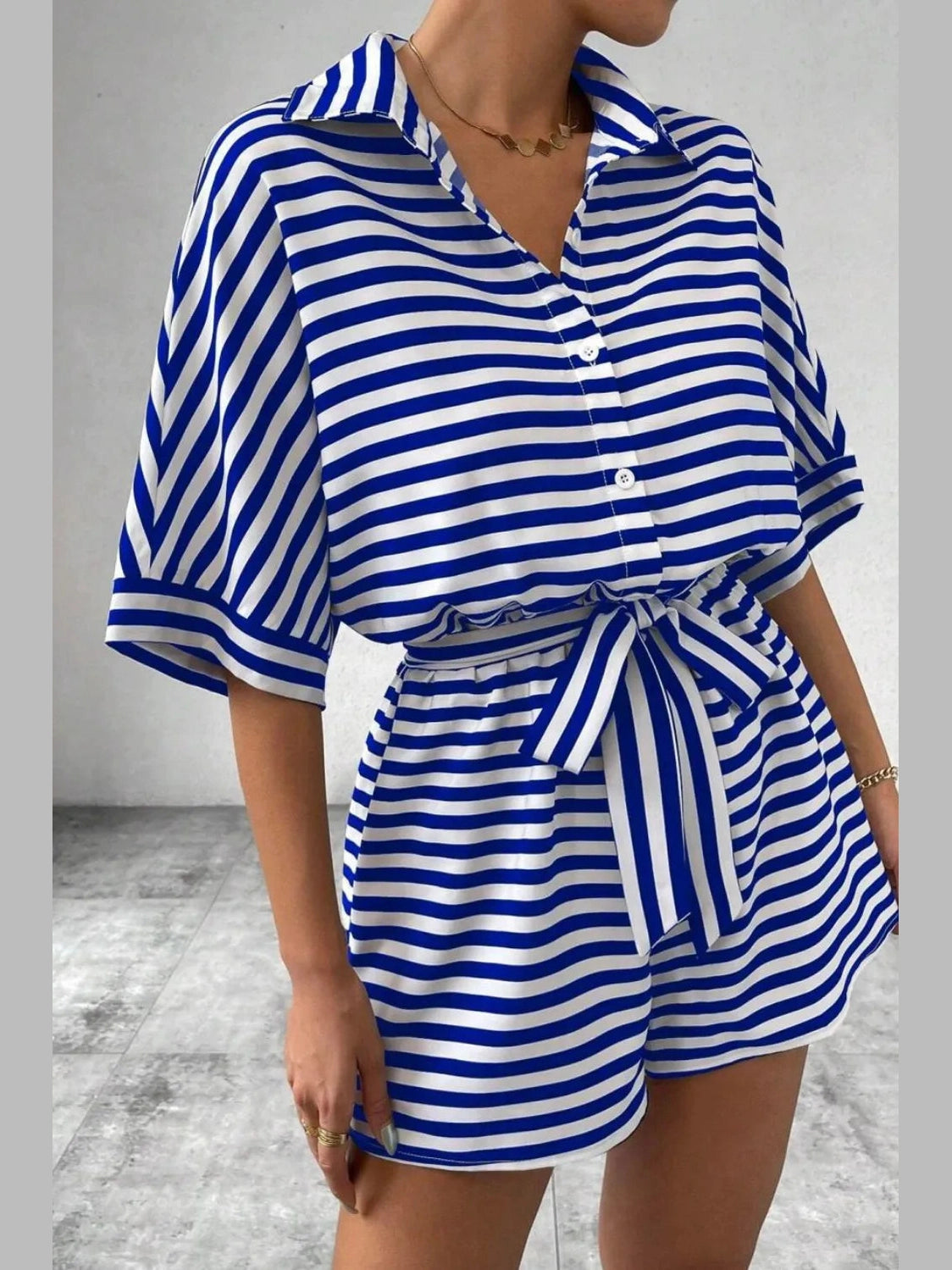 Striped Collared Neck Tie Waist Romper nicholesgifts