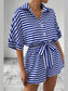 Striped Collared Neck Tie Waist Romper nicholesgifts