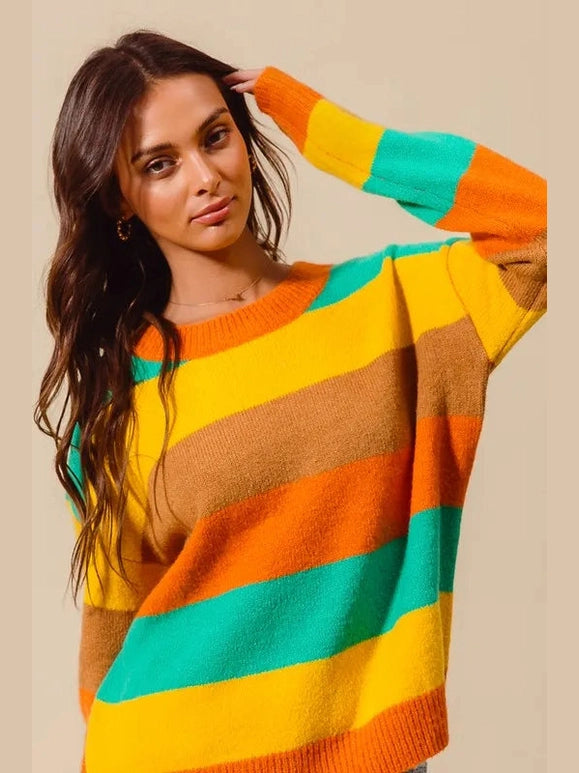 SO ME Multi Color Stripe Sweater with Ribbed Detail Trendsi
