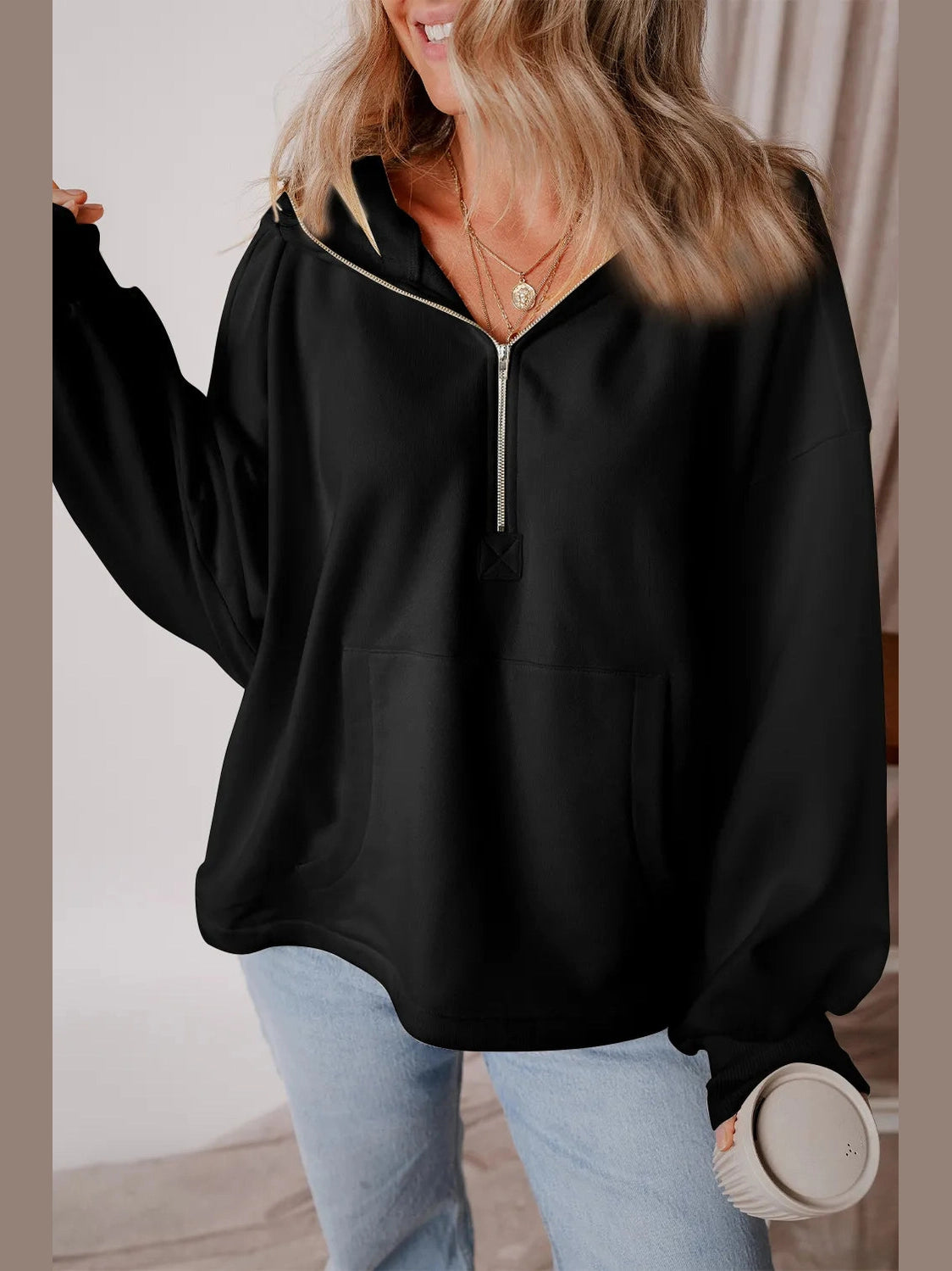 Pocketed Half Zip Dropped Shoulder Hoodie Trendsi