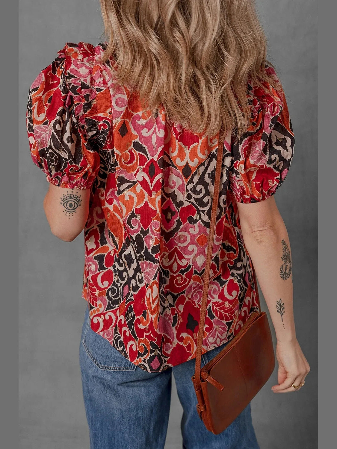 Ethnic Print Split Neck Short Puff Sleeve Blouse NicholesGifts