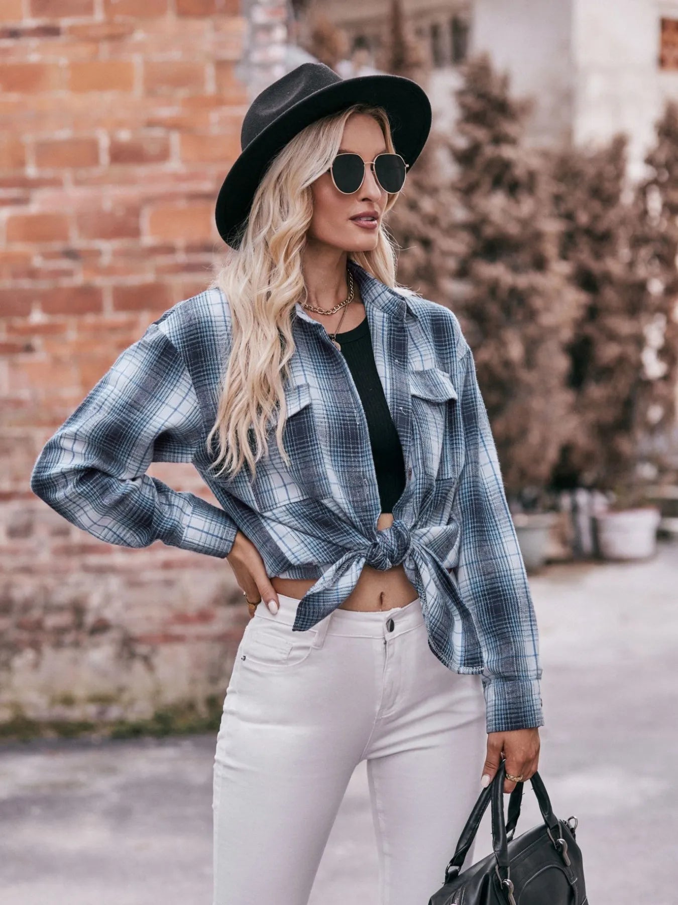 Plaid Button-Down Long Sleeve Shirt Trendsi