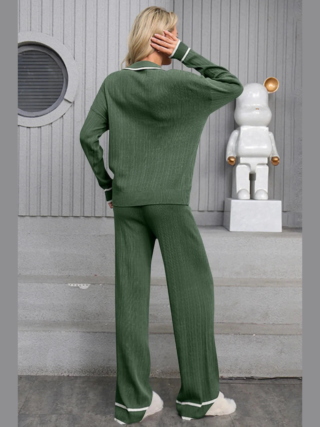 Contrast Trim Johnny Collar Top and Drawstring Pants Sweater Set nicholesgifts