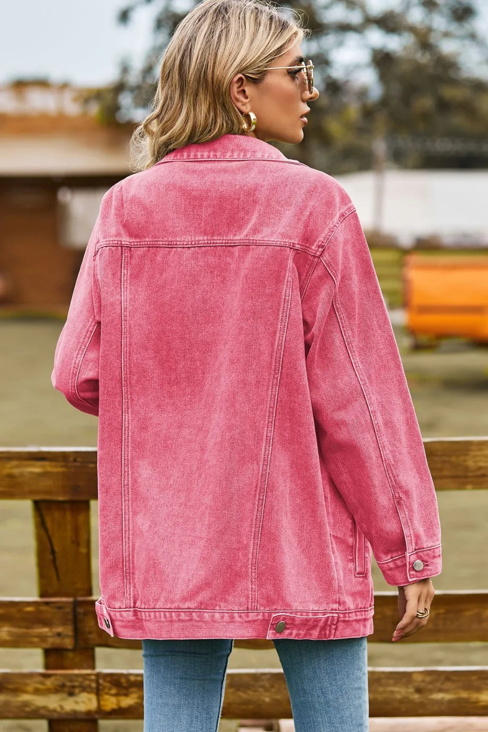 Buttoned Collared Neck Denim Jacket with Pockets Trendsi