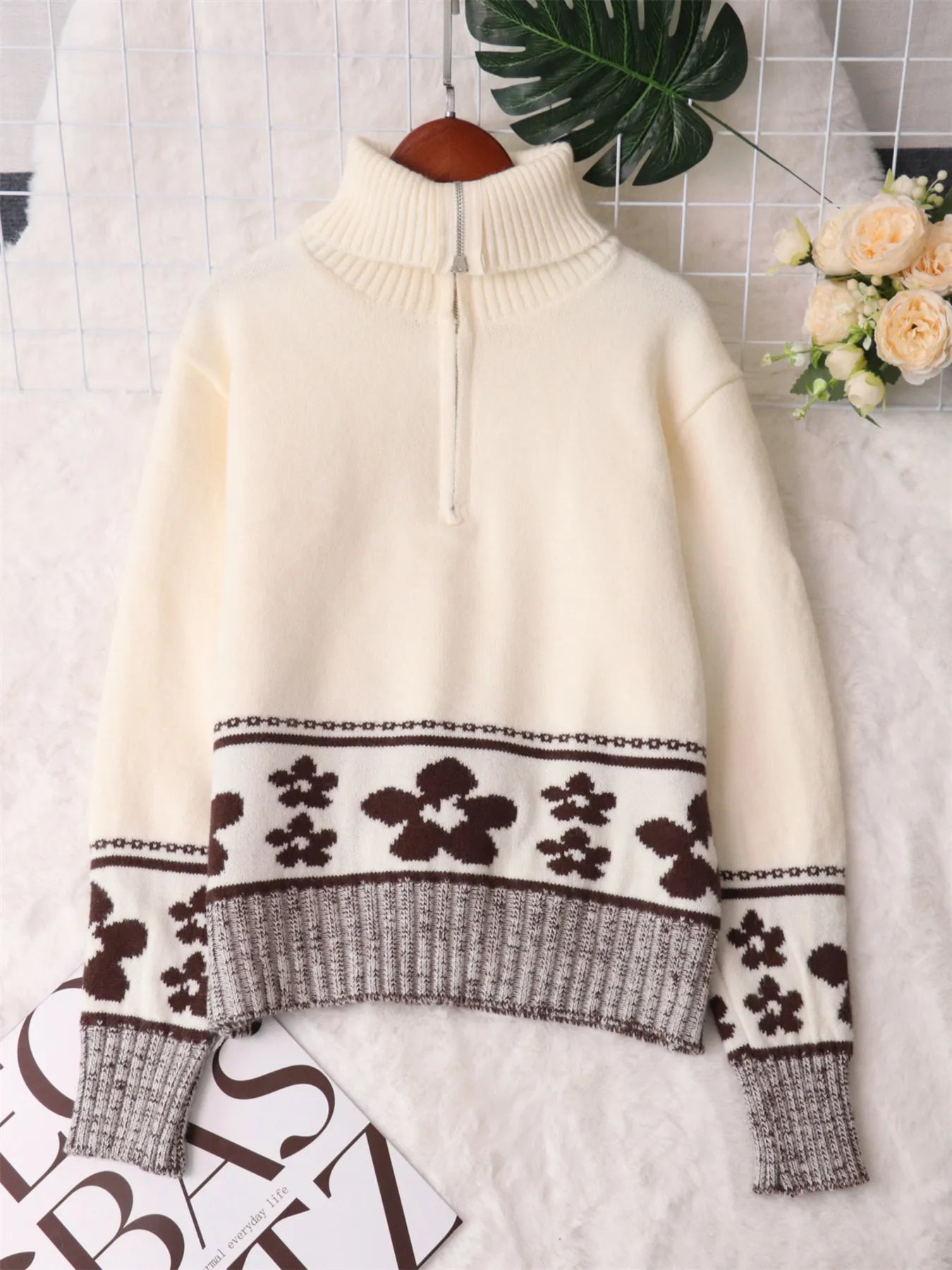 Flower Zip Collar Long Sleeve Sweater