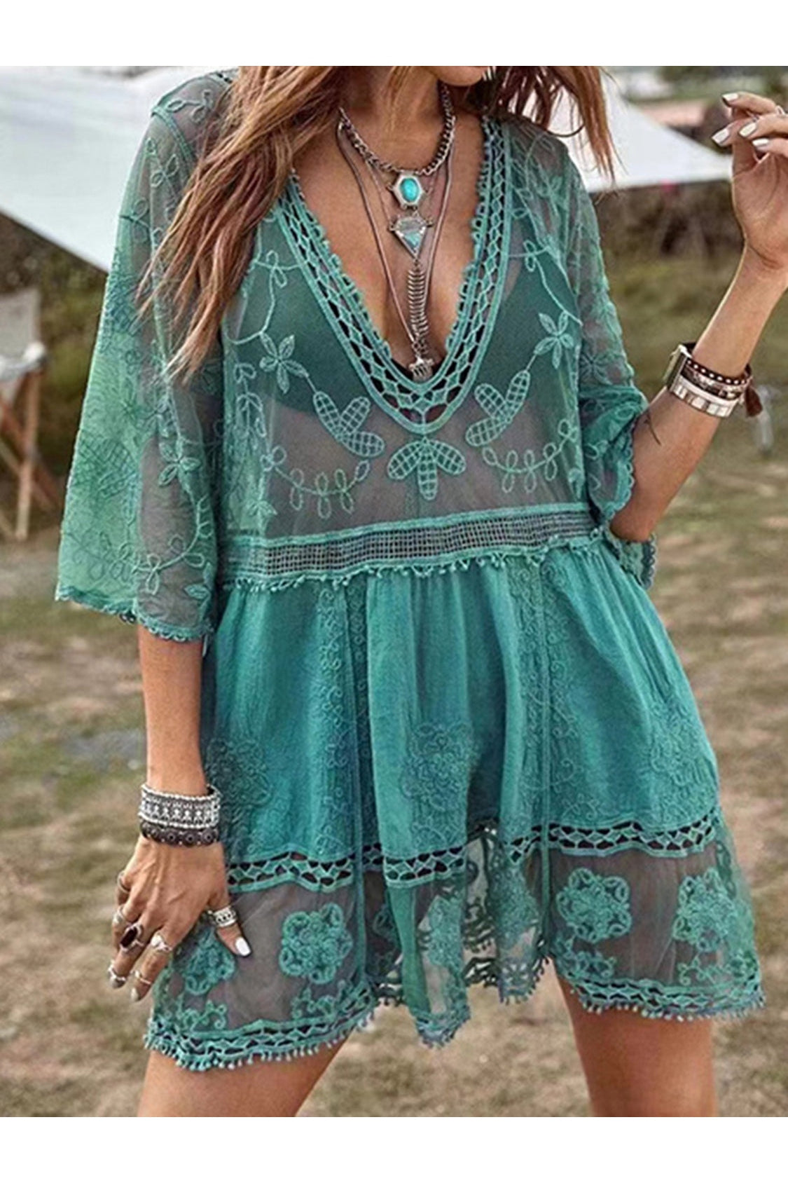 Lace Detail Plunge Cover-Up Dress nicholesgifts