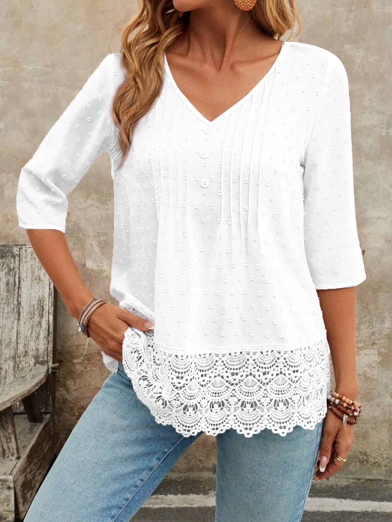 Lace Hem V-Neck Blouse