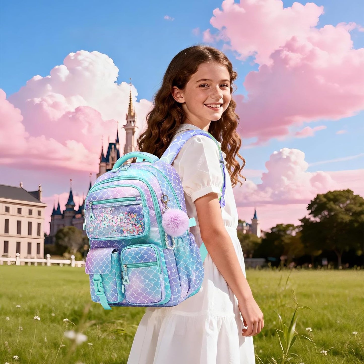 Girls Backpack,School Bag for Kids,Primary,Elementary,Teen Ages 6-15 Girls Bookbag,Students Kawaii Backpack Blue Mermaid