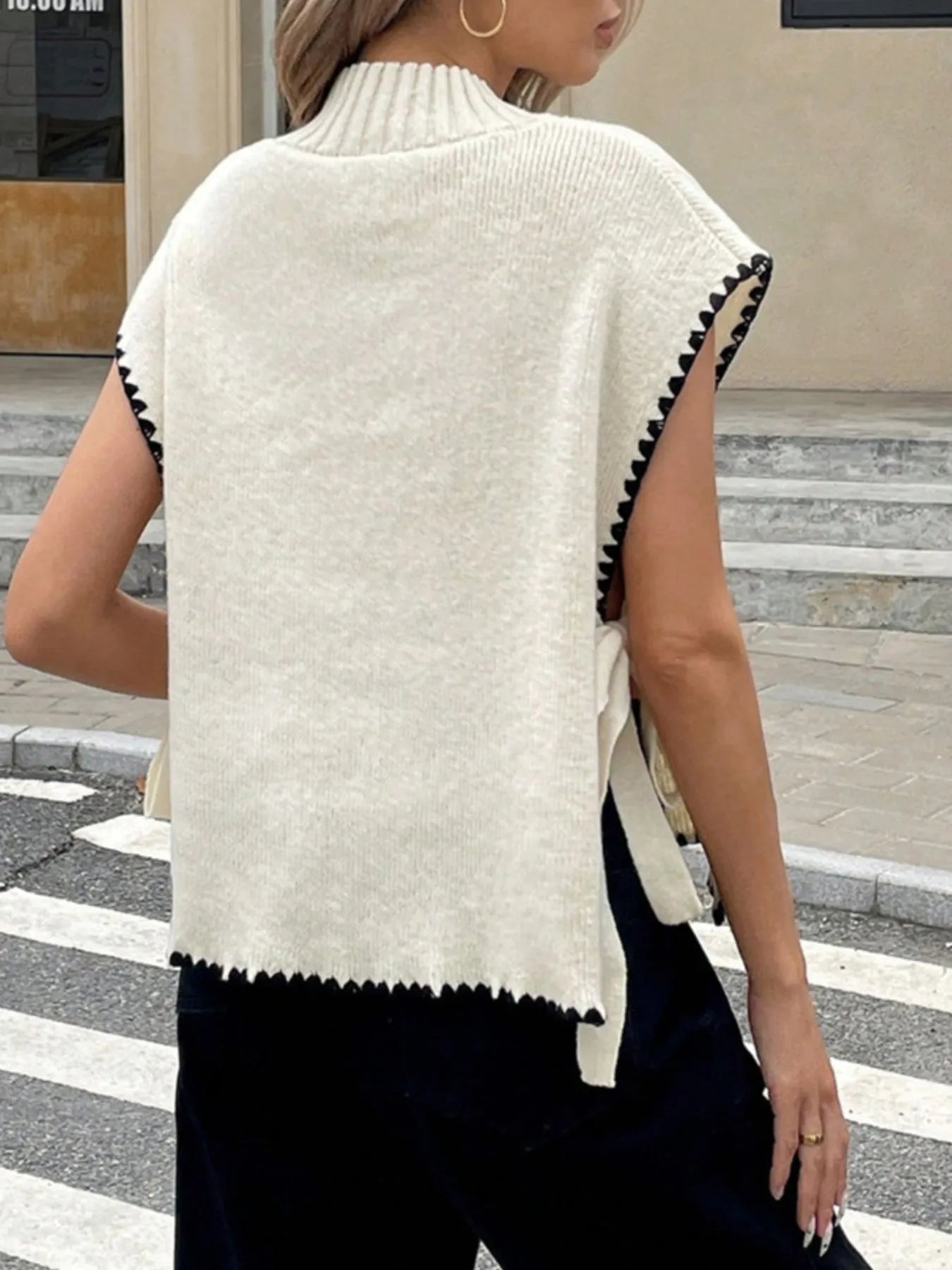 Ribbed Turtleneck Sweater Vest with Contrast Trim Trendsi