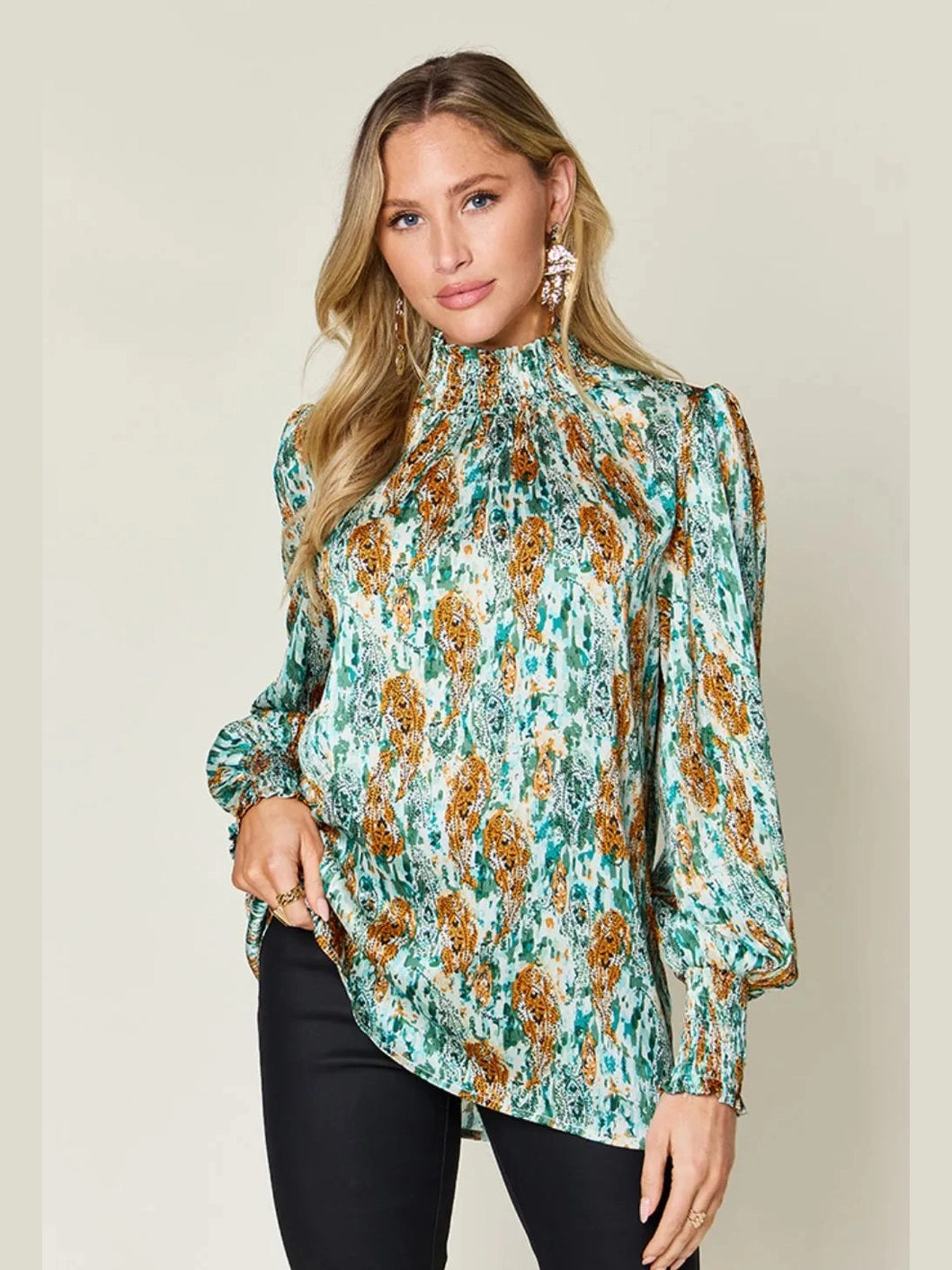 Double Take Full Size Printed Smocked Long Sleeve Blouse nicholesgifts
