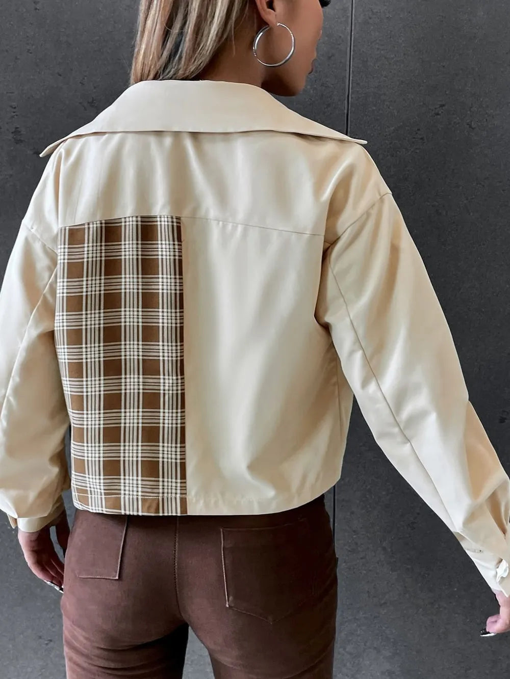 Snap Down Color Block Plaid Jacket Trendsi