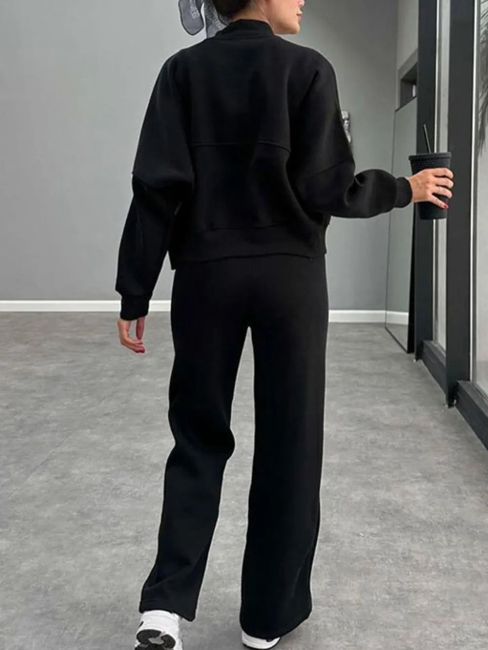 Baseball Collar Zip Up Outerwear and Drawstring Pants Set nicholesgifts