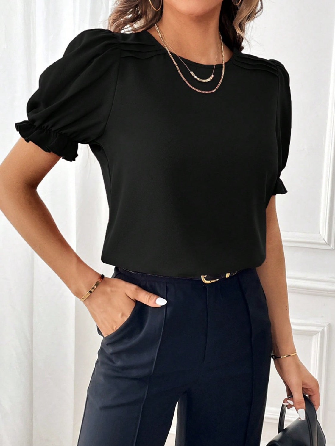 Round Neck Flounce Sleeve Blouse nicholesgifts