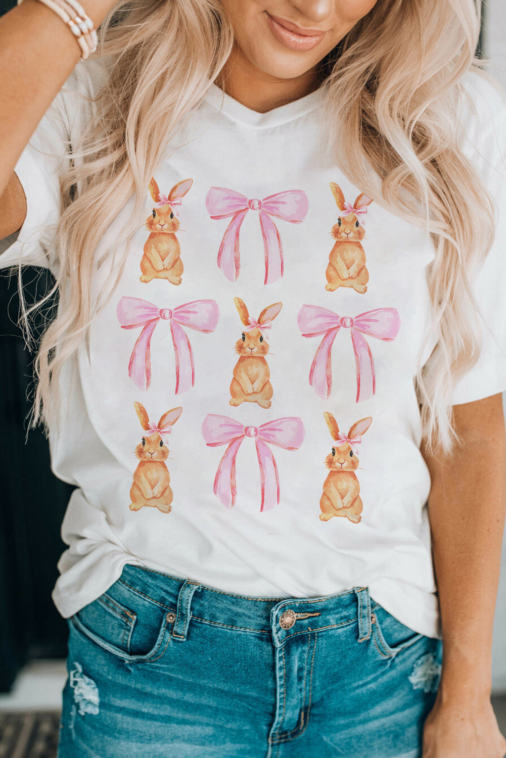 Rabbit & Bow Round Neck Short Sleeve T-Shirt nicholesgifts