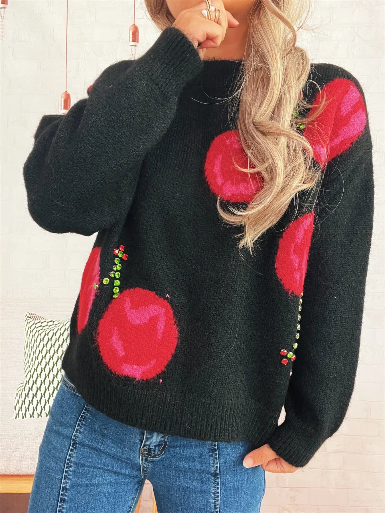 Contrast Cherry Round Neck Sweater