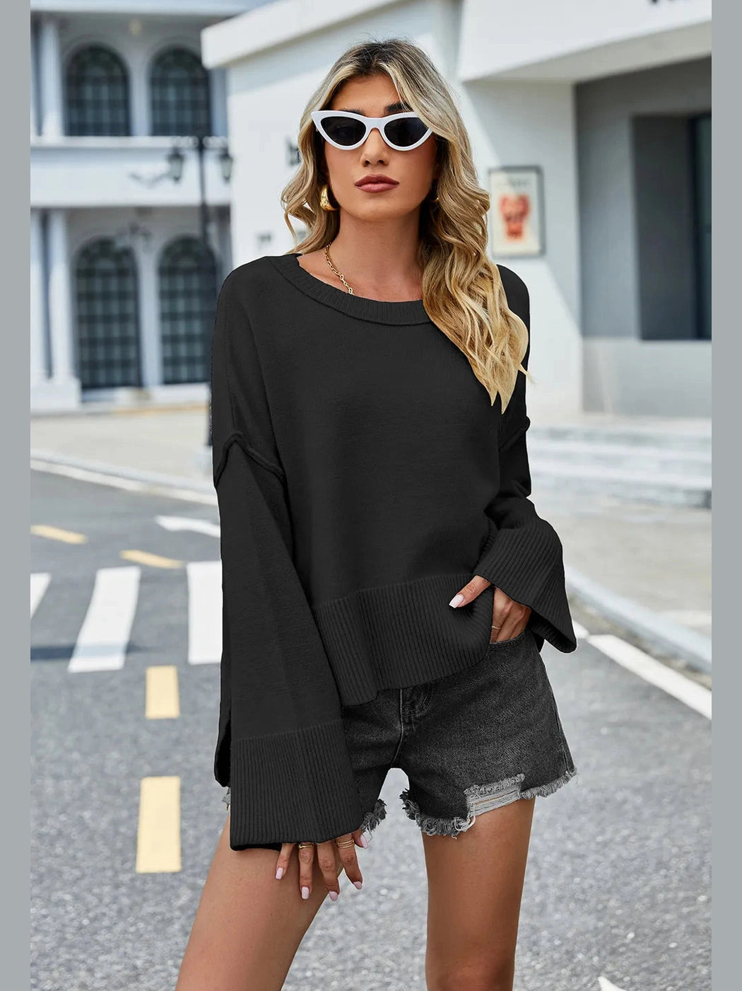 High-Low Slit Round Neck Long Sleeve Sweater nicholesgifts