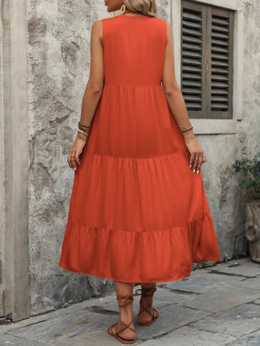 Ivy Lane Decorative Button Notched Sleeveless Dress Trendsi