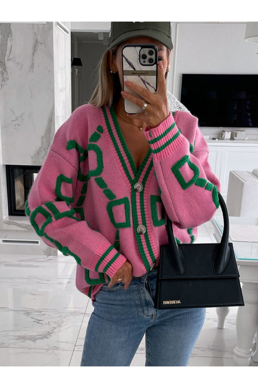 Women Geometric Dropped Shoulder Button Down Cardigan NicholesGifts