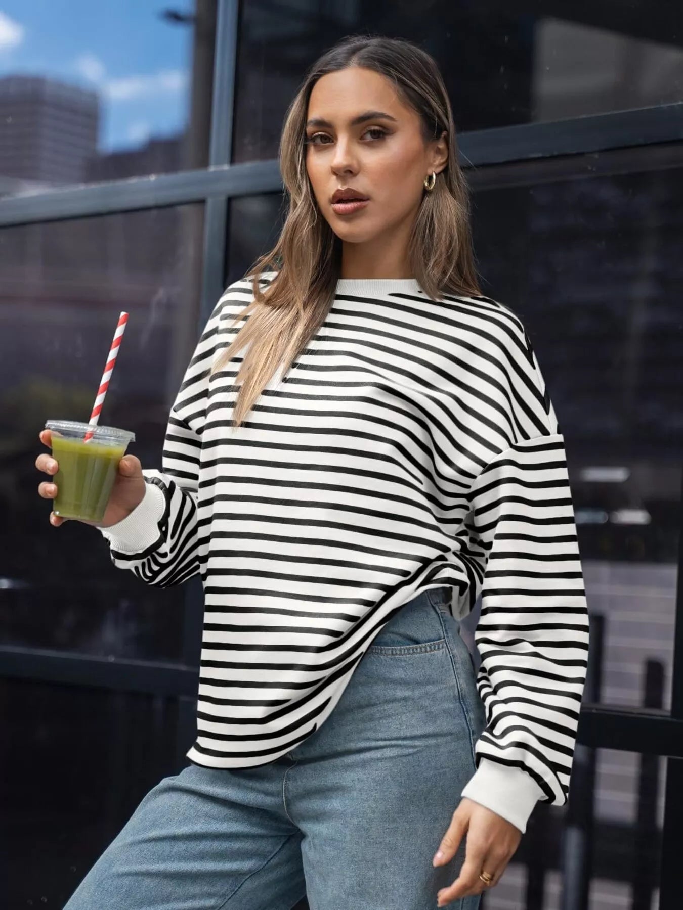 Striped Round Neck Oversized Casual Sweatshirt Trendsi