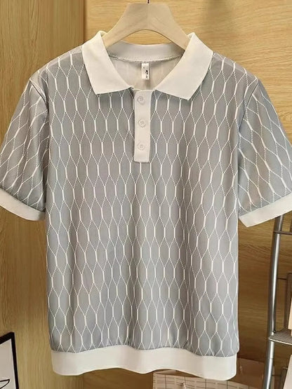 Men's Plus Size Diamond Pattern Contrast Collar Knit Polo nicholesgifts