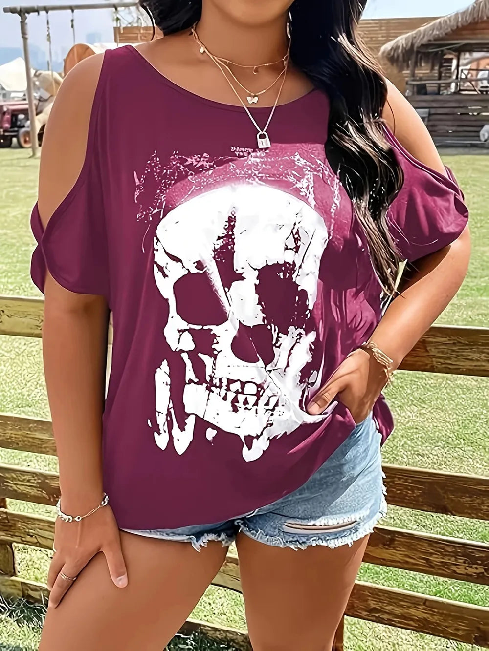 Plus Size Skeleton Graphic Round Neck Cold Shoulder T-Shirt NicholesGifts