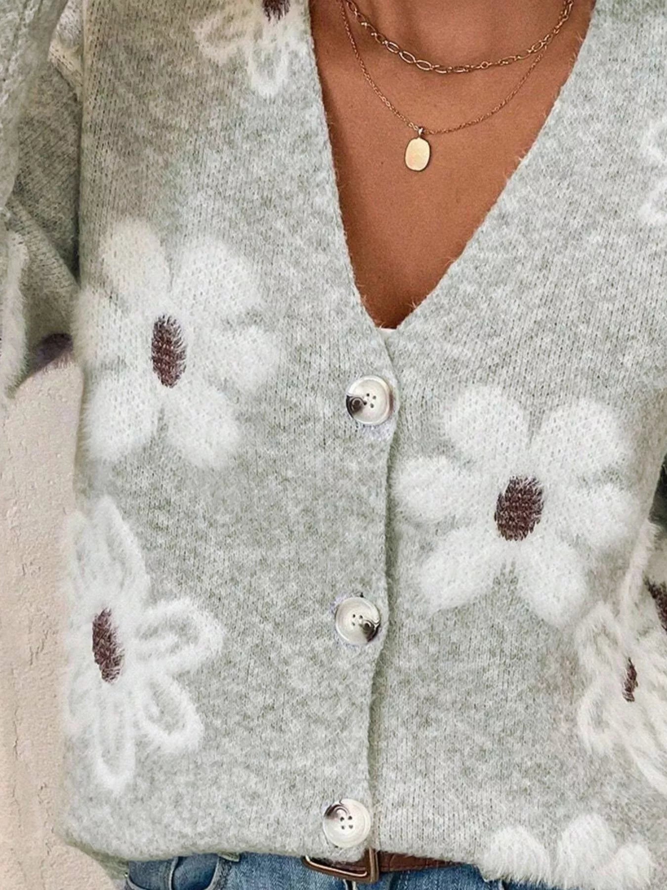 Floral Print Button-Up Knit Cardigan nicholesgifts