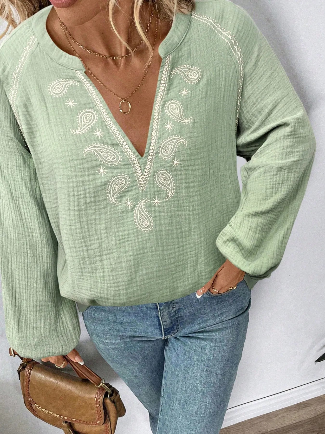 Paisley Pattern Notched Long Sleeve Blouse NicholesGifts