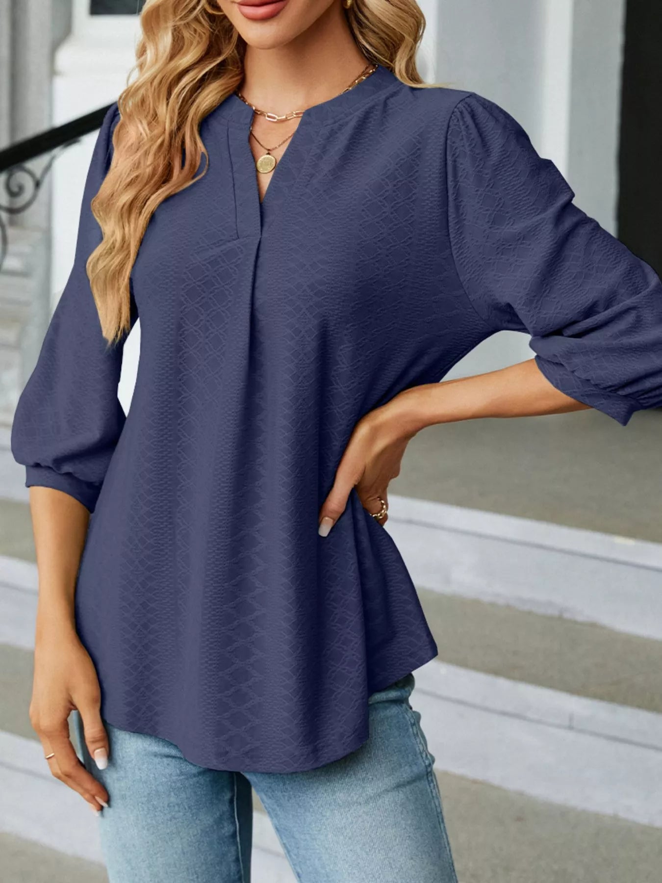 Notched 3/4 Sleeve Casual Top Trendsi