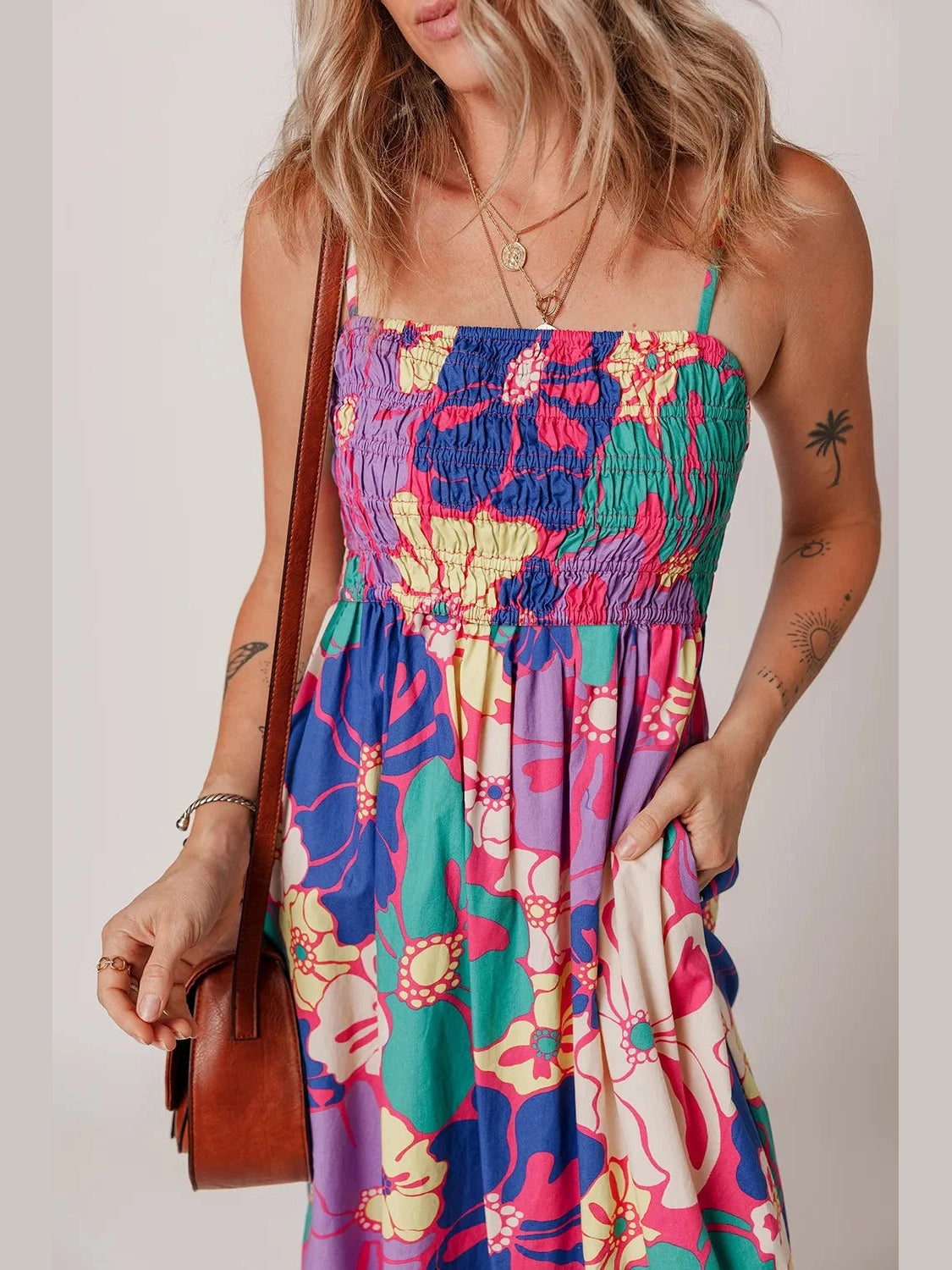 Floral Print Shirred Spaghetti Strap Loose Maxi Dress NicholesGifts