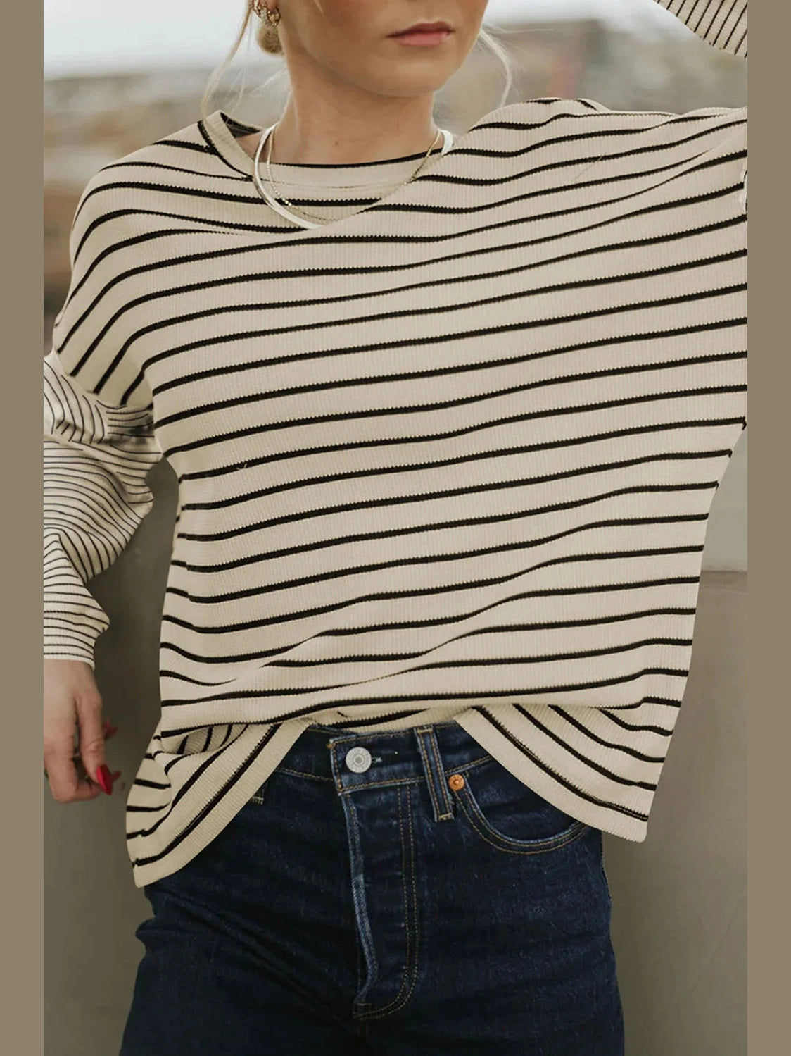 Striped Round Neck Dropped Shoulder Top NicholesGifts