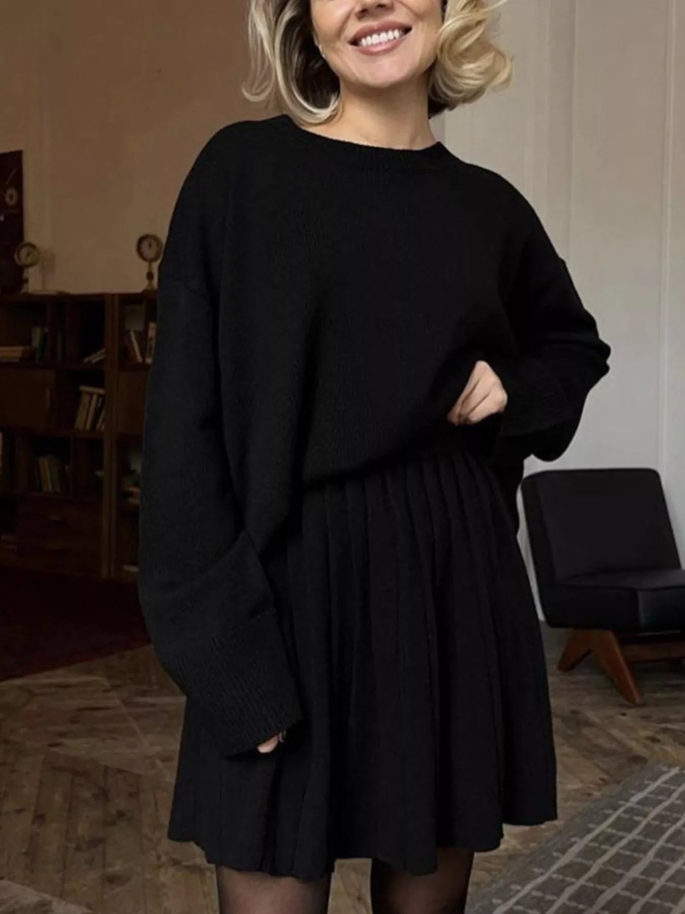 Round Neck Top and Pleated Skirt Sweater Set nicholesgifts