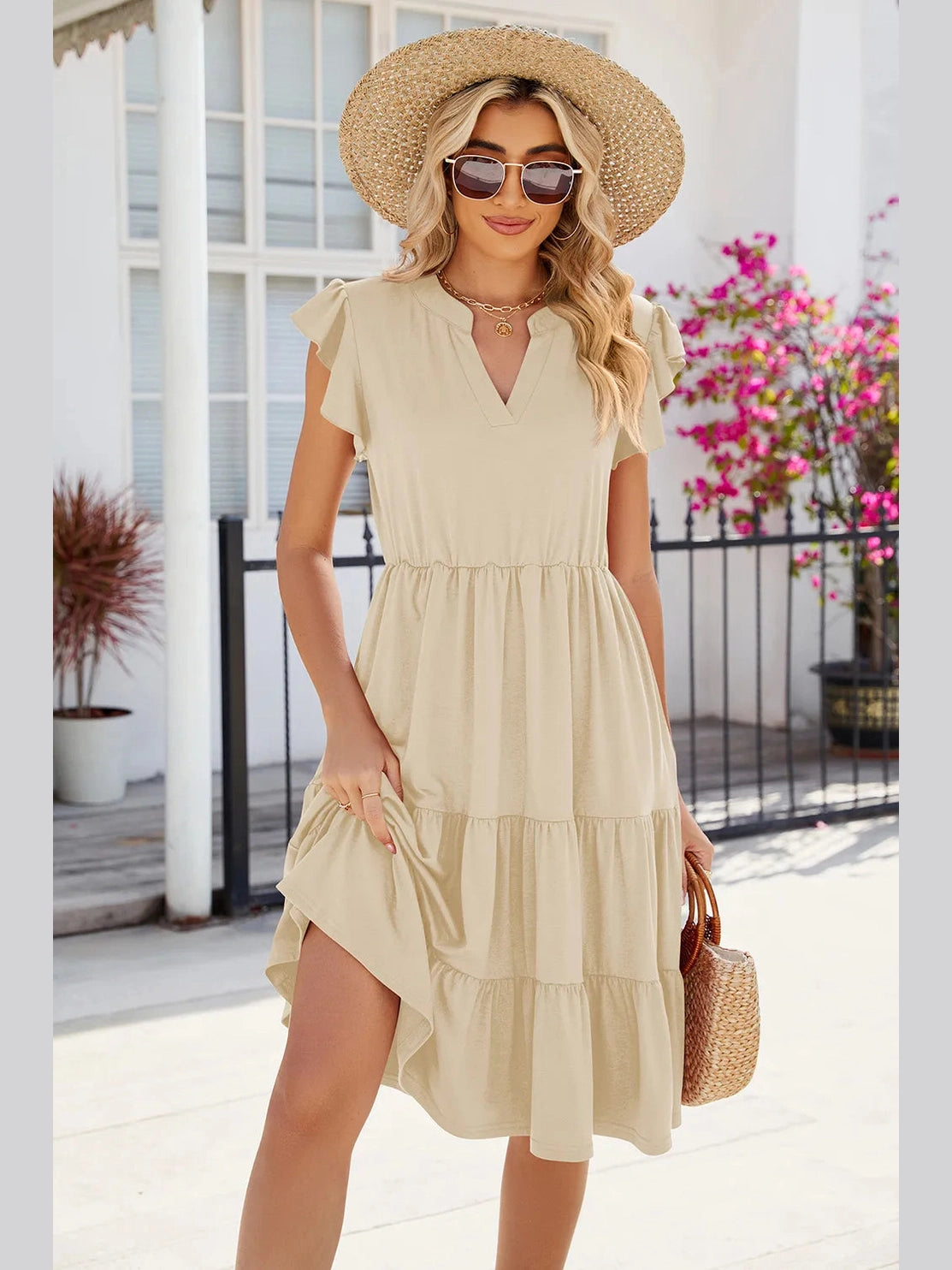 Ruched Notched Cap Sleeve Dress nicholesgifts