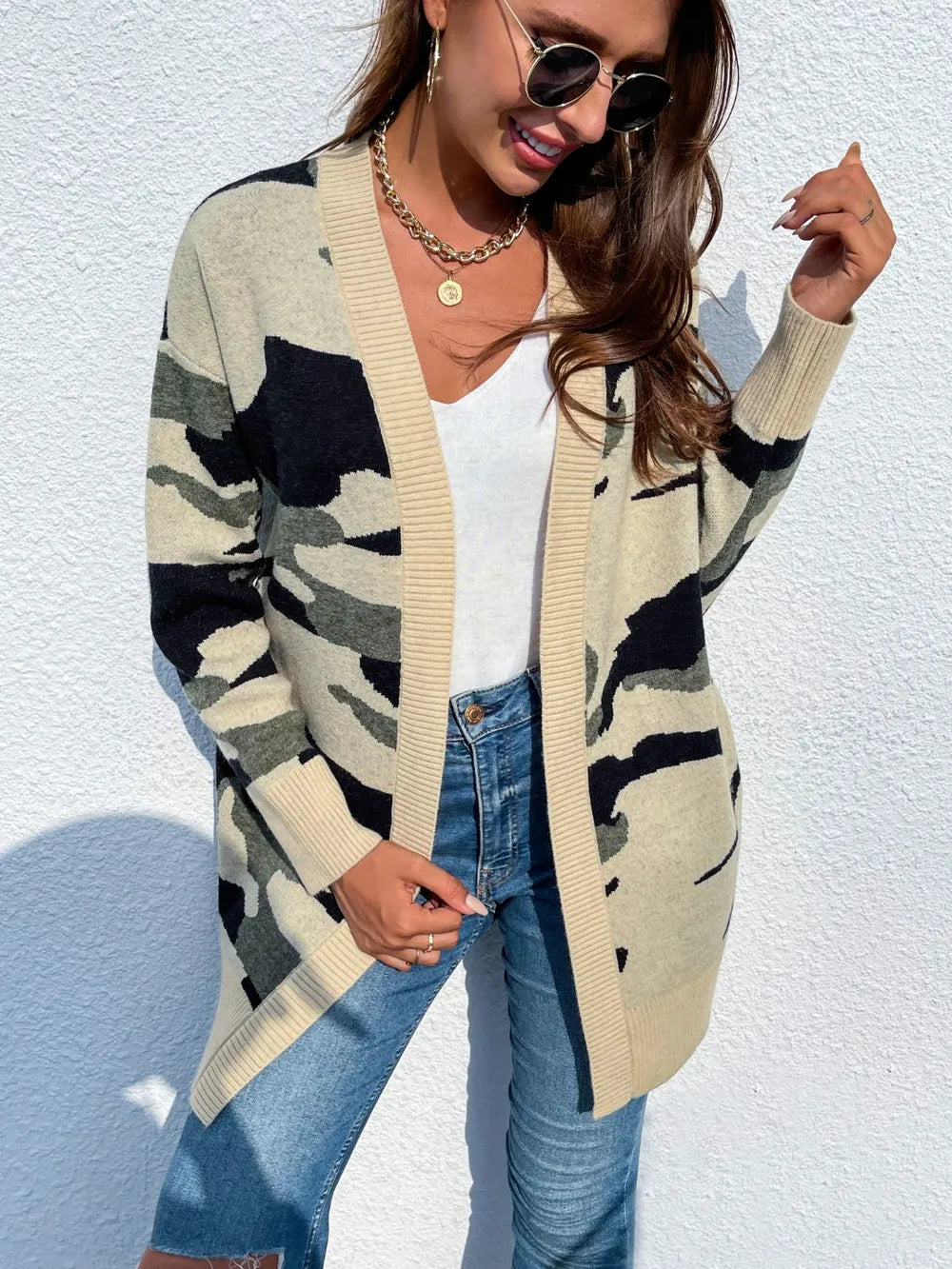 Camouflaged Dropped Shoulder Open Front Cardigan nicholesgifts