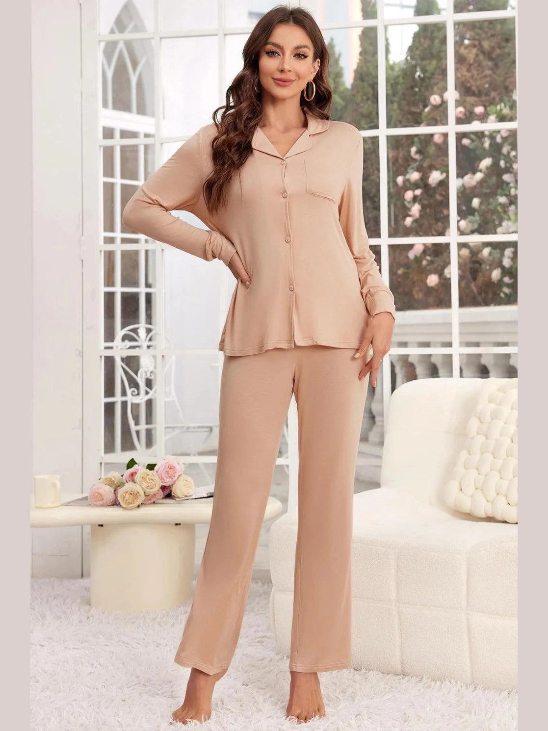 Button Up Long Sleeve Top and Pants Lounge Set nicholesgifts