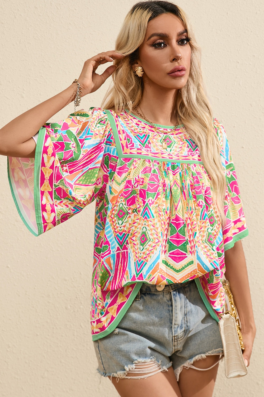 Printed Round Neck Half Sleeve Blouse nicholesgifts