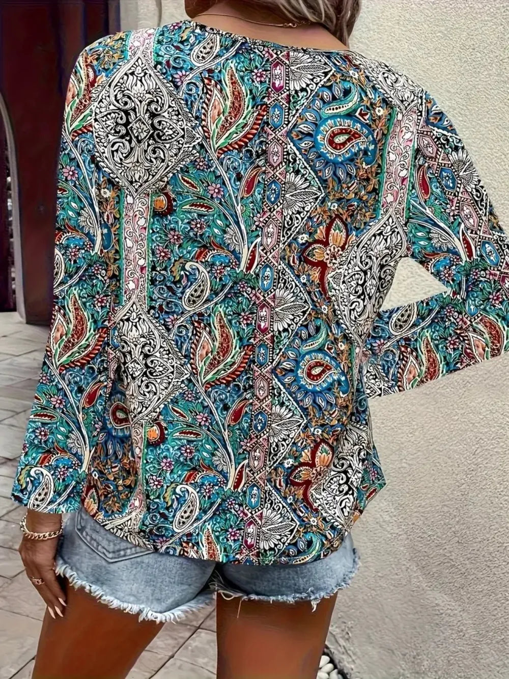 Printed V-Neck Long Sleeve Blouse NicholesGifts