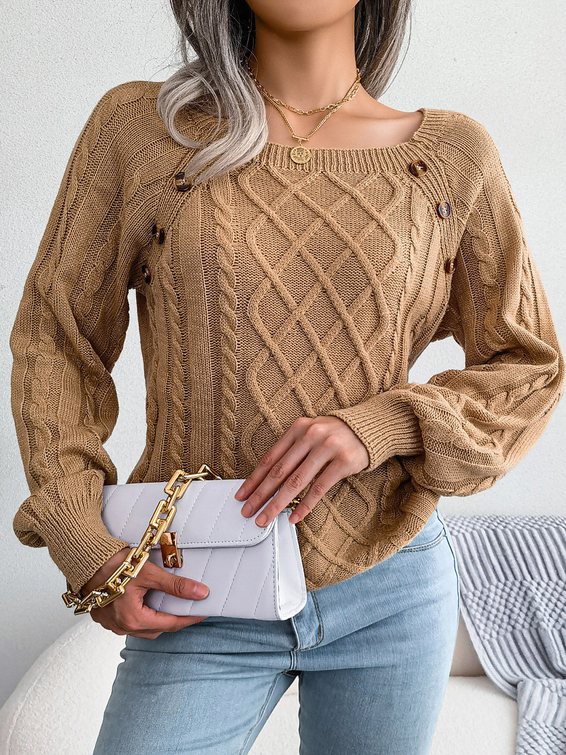 Decorative Button Cable-Knit Sweater Trendsi